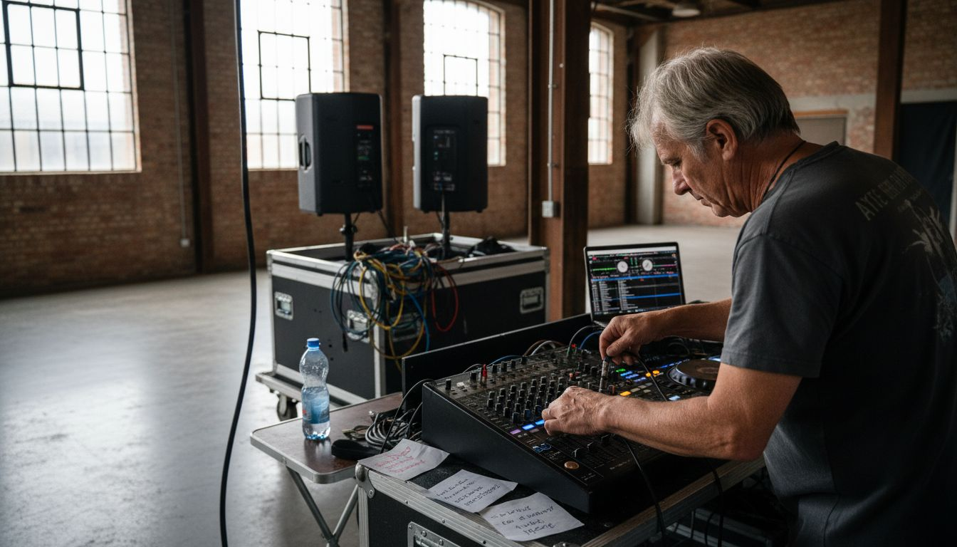 Der DJ baut sein Equipment für die Hochzeitsfeier auf und prüft die Technik.