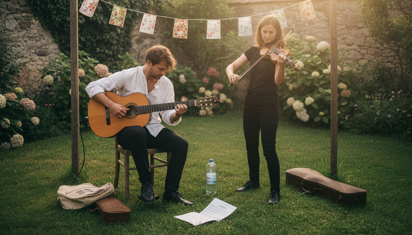 Am Abend sorgt eine akustische Hochzeitsband im Garten für stimmungsvolle Live-Musik.