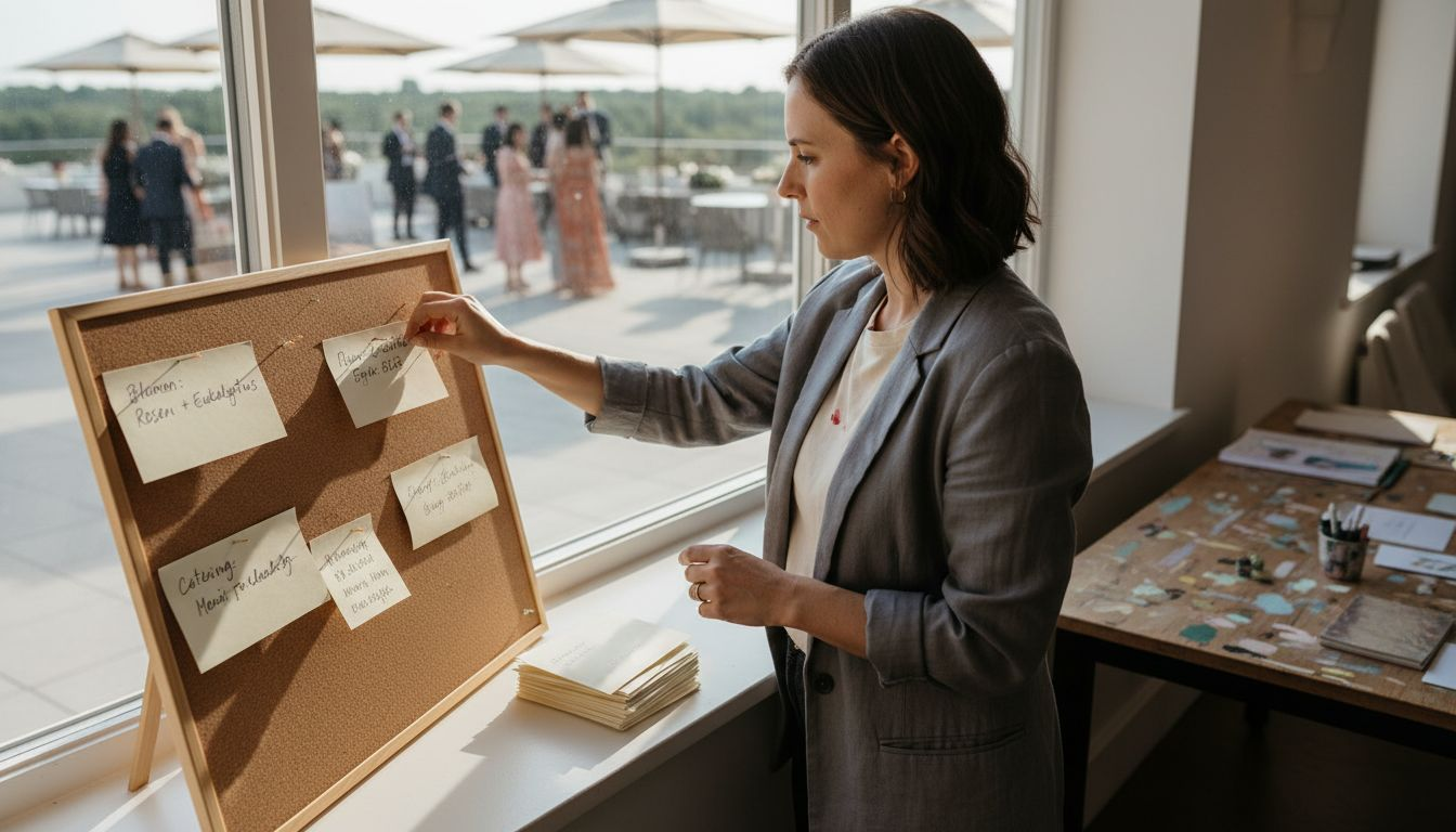 Ablaufplan Hochzeitsfeier erstellen: Leitfaden für Ihren perfekten Tag 2 Die Hochzeitsplanerin erstellt am Whiteboard den Ablauf für den großen Tag.