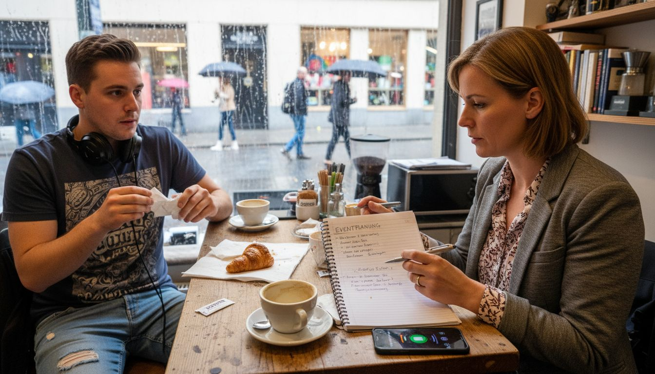 Eine Eventmanagerin trifft sich im Café mit einem DJ, um ihn für die nächste Veranstaltung kennenzulernen und zu prüfen, ob die Chemie stimmt.
