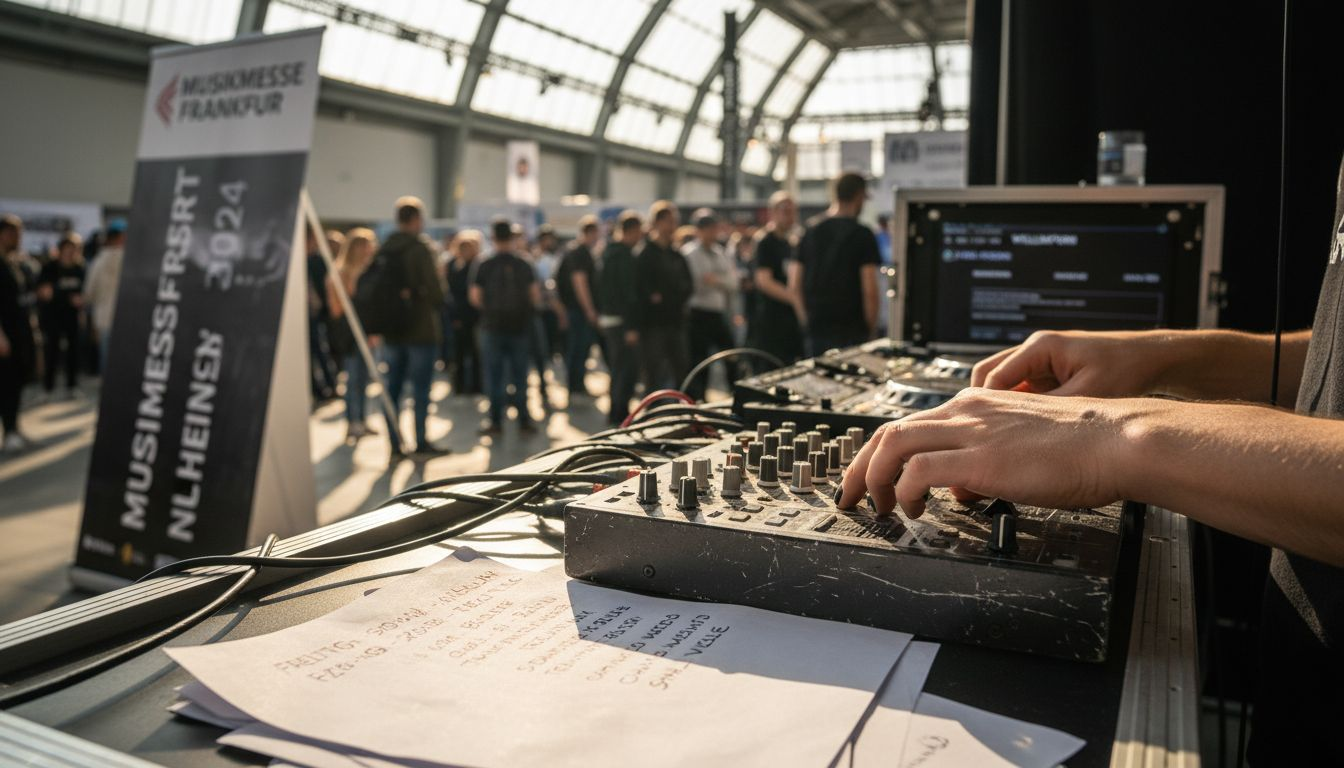 Ein DJ legt auf und mischt live am Mischpult auf einem Messestand.