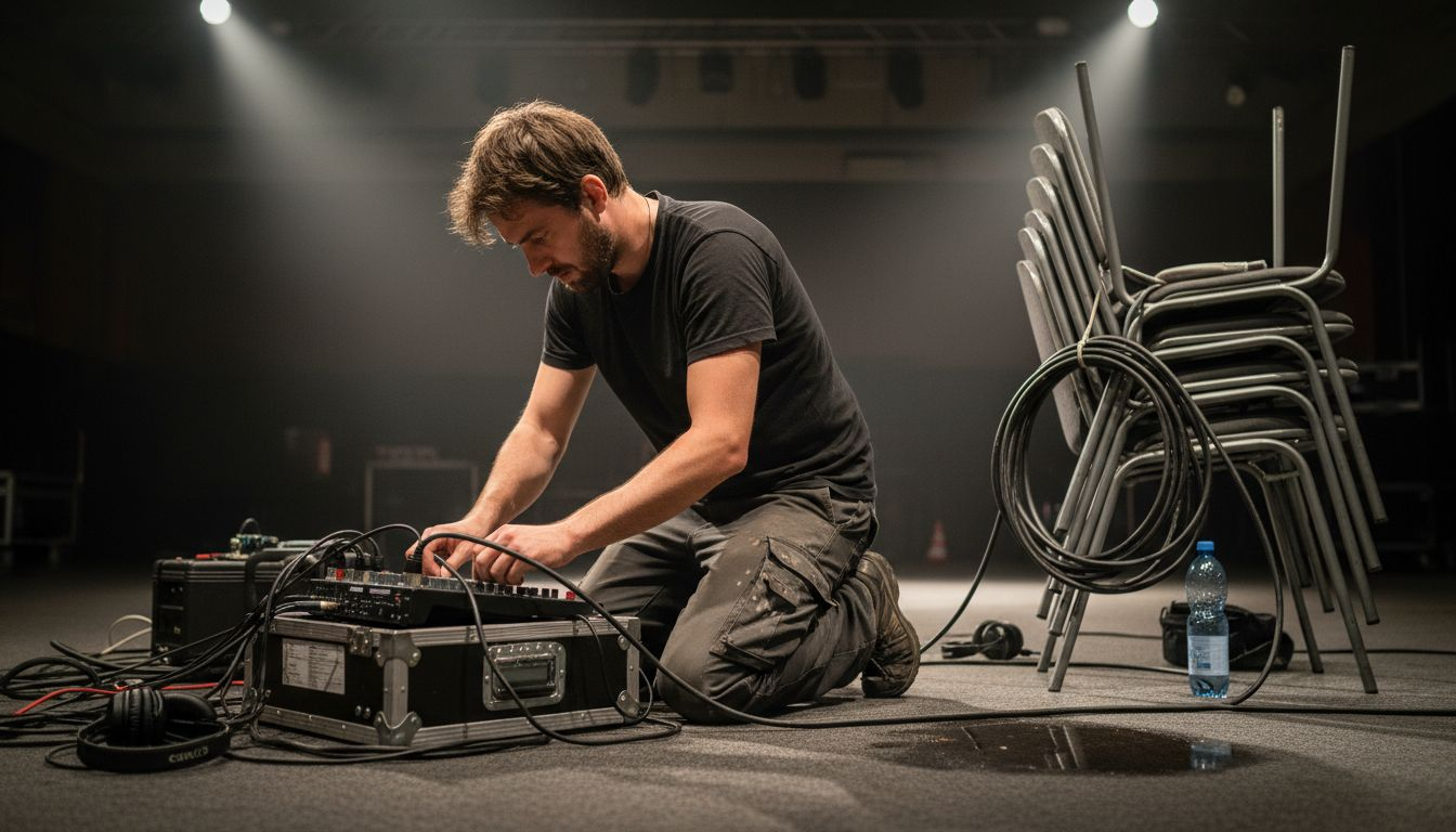 Live-Musik bei Events: Mehrwert für Ihr Eventkonzept 2 Ein Tontechniker baut die Soundanlage für eine Live-Veranstaltung auf.