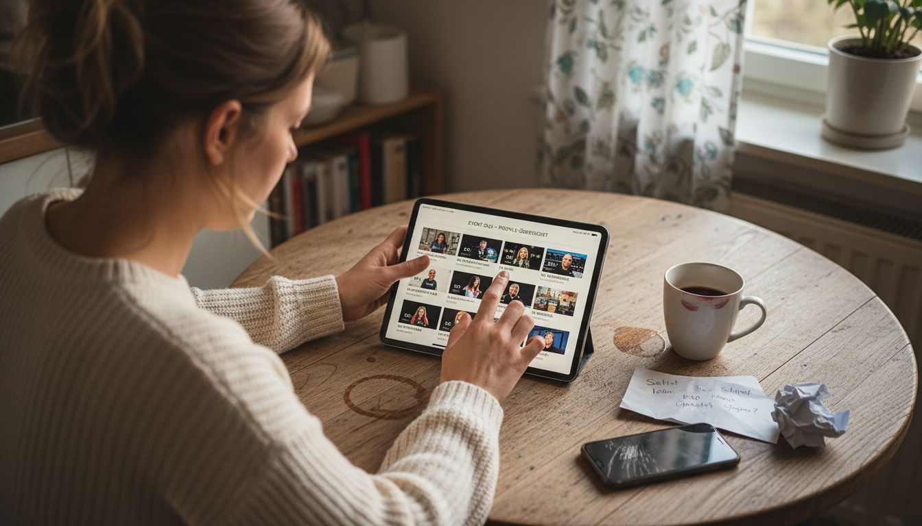 Event mit DJ erfolgreich gestalten How-to: Unvergessliche Feier planen 2 Eine Frau stöbert auf einem Tablet durch verschiedene DJs, um den passenden für ihre Veranstaltung zu finden.