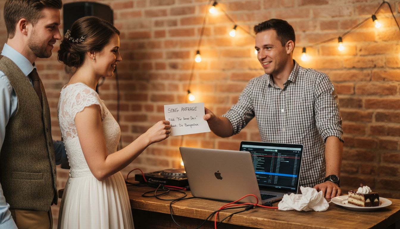 Ein Hochzeitspaar geht zum DJ, um sich ein Lied zu wünschen.