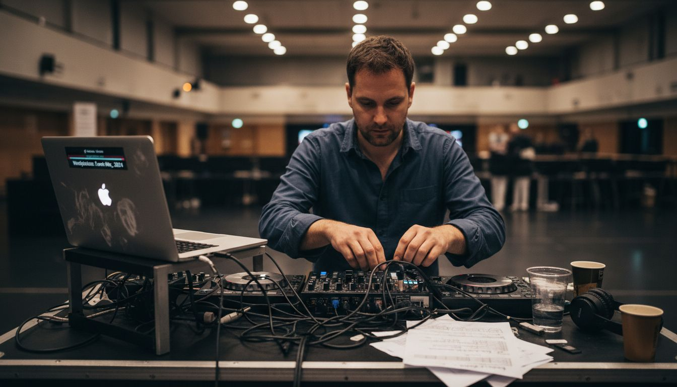 Der DJ geht am Mischpult noch einmal die Playlist für die Hochzeit durch.