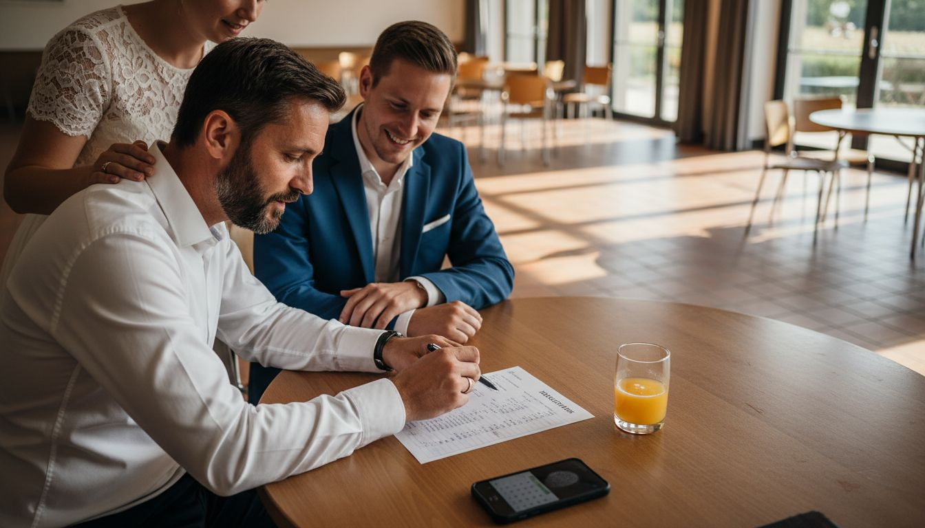 Moderation durch DJ: So gelingt die perfekte Hochzeitsfeier 2 Der DJ bespricht gemeinsam mit dem Brautpaar am Tisch die musikalische Gestaltung der Hochzeit.