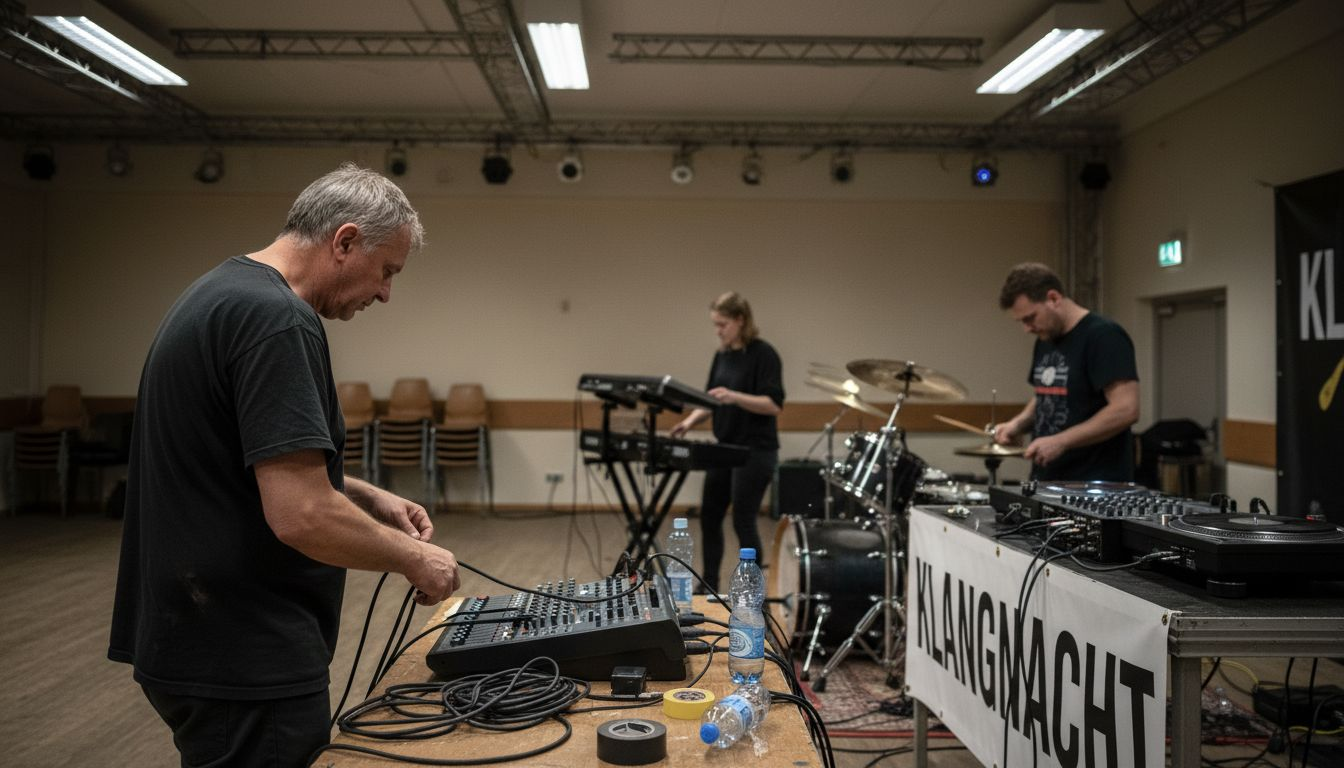 Ein Techniker richtet das DJ- und Live-Musik-Equipment für die Veranstaltung her.