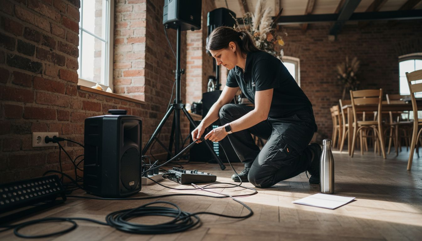 Was bedeutet All-in-One DJ Service für Hochzeiten? 2 Der DJ baut sein Equipment für die Hochzeitsfeier auf.