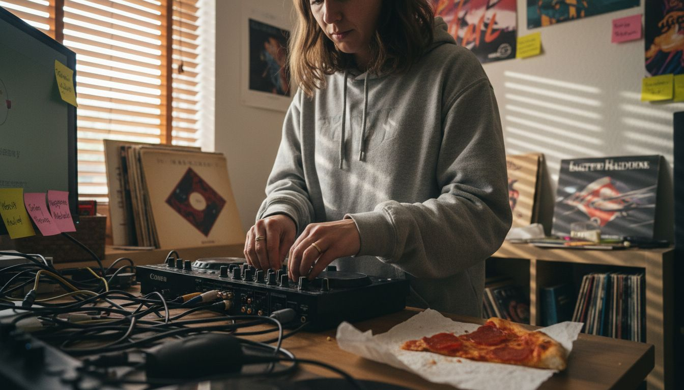 DJ-Üben im vollgestellten Wohnzimmerstudio