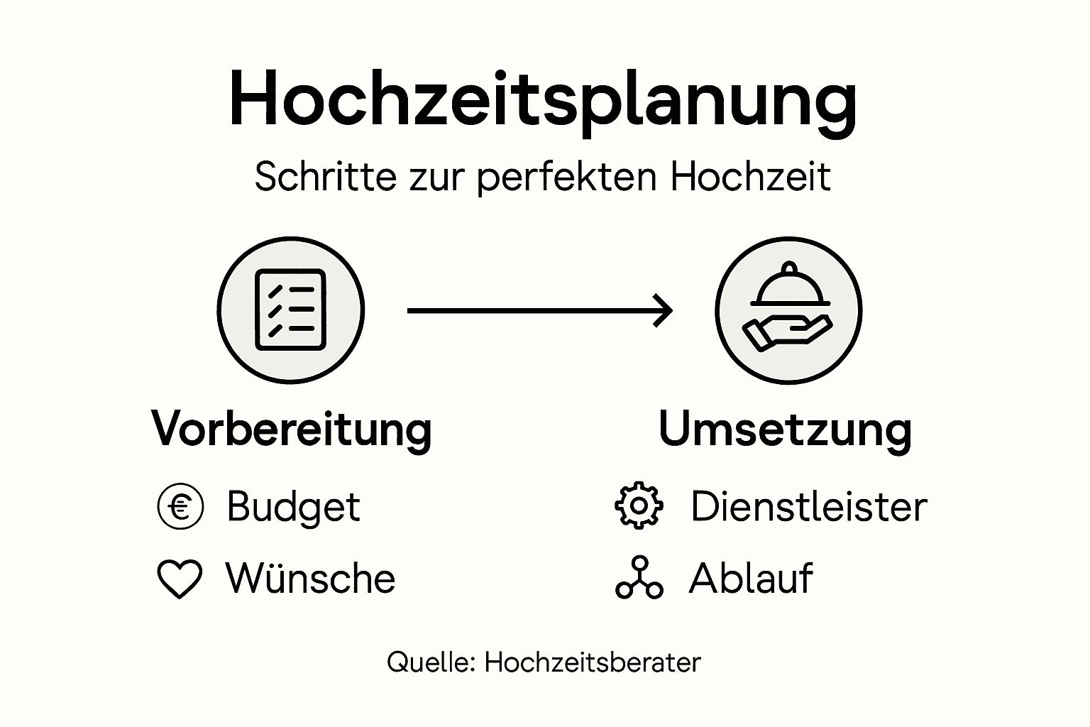 Brautpaar Beratung Schritt für Schritt: Perfekte Hochzeitsplanung 3 Klar strukturierte Infografik: Die wichtigsten Schritte für eure Hochzeitsplanung auf einen Blick