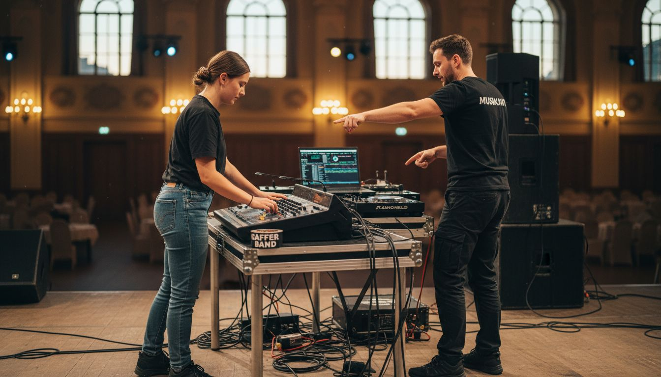 Der Tontechniker und der DJ besprechen gemeinsam den technischen Ablauf und stimmen die Details der Anlage ab.