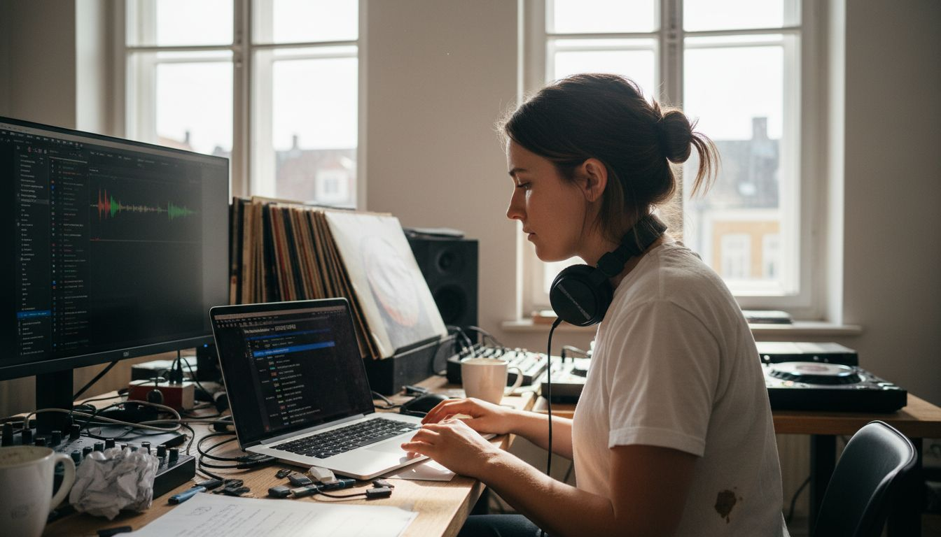 Erklärung DJ-Playlist: Musik gezielt für Hochzeiten 2 Ein DJ tüftelt in seinem Heimstudio an einem neuen Set.