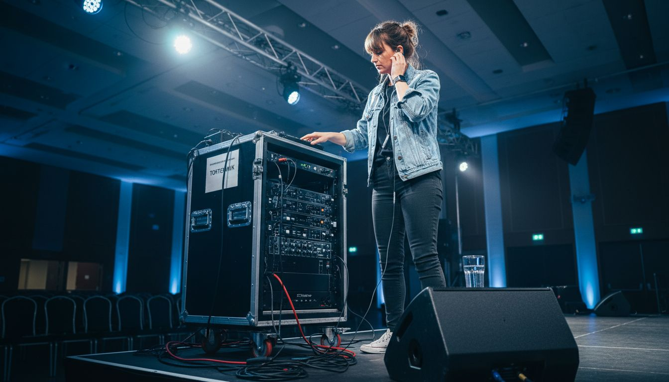 Was ist Event-DJing 2025: Trends und Praxis 2 Eine DJane prüft vor ihrem Auftritt die Soundanlage auf der Bühne.