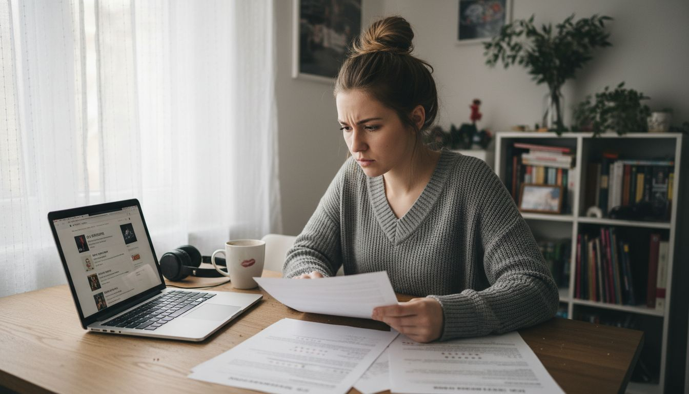 Kundenbewertungen DJ – So beeinflussen sie Ihre Eventwahl 2 Eine Frau sitzt am Küchentisch in ihrer Wohnung und liest verschiedene DJ-Bewertungen.