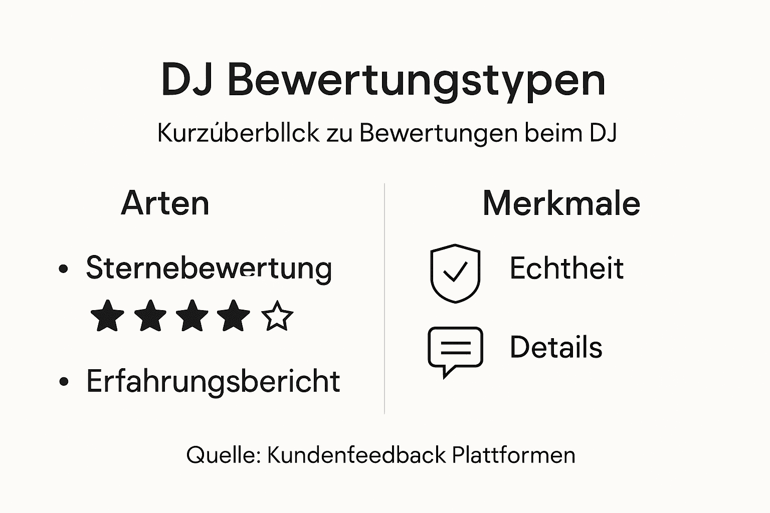 Kundenbewertungen DJ – So beeinflussen sie Ihre Eventwahl 3 DJ-Bewertungstypen im Überblick – Infografik mit kurzen Erläuterungen