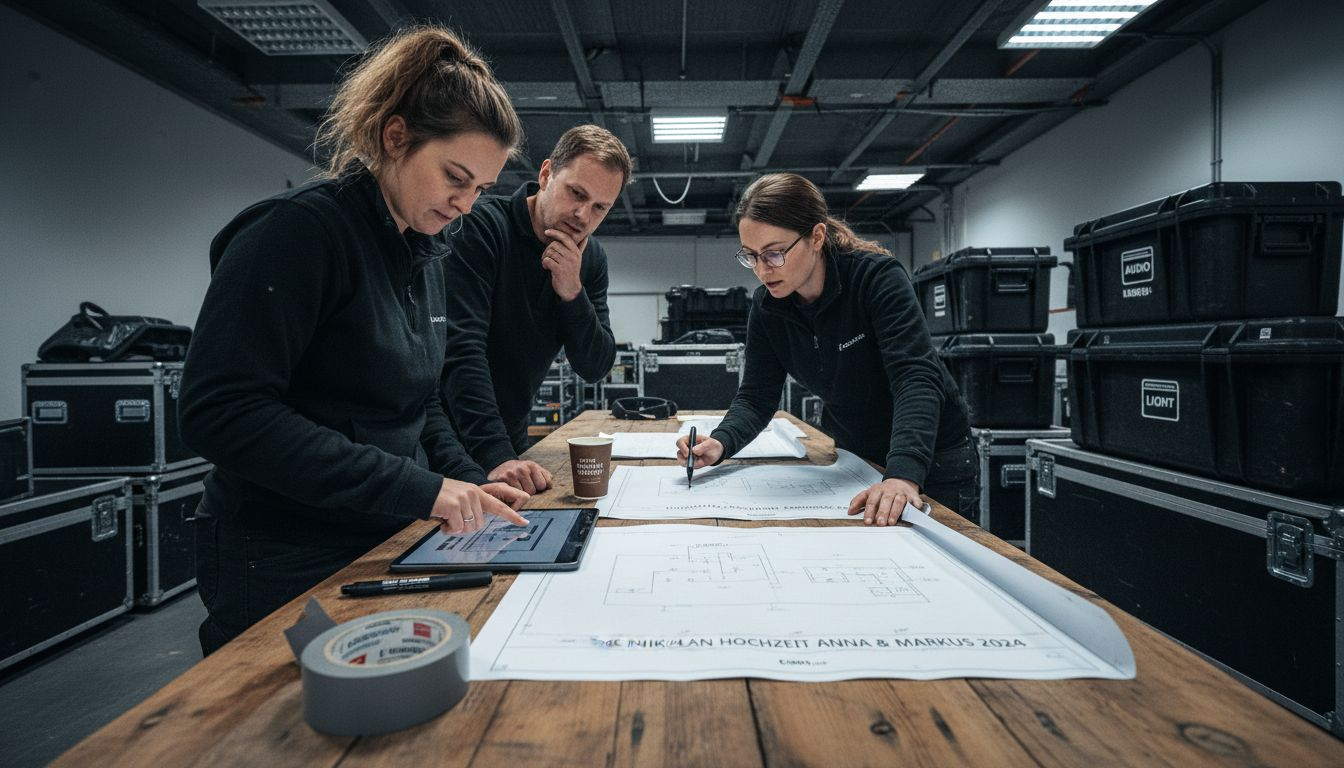 Das Team stimmt den Ablauf der Eventtechnik gemeinsam ab.