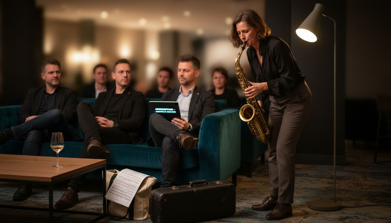 Der Saxophonist stimmt sich auf seinen Auftritt bei der abendlichen Firmenfeier ein.