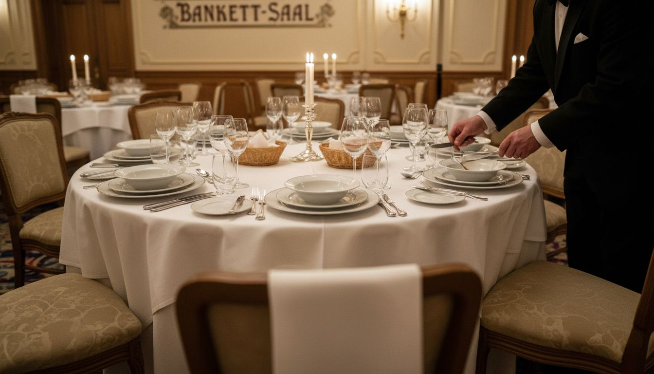 Gala-Event München: 70% formell & musikalisch perfekt 2 Ein Kellner richtet mit viel Sorgfalt den festlich gedeckten Gala-Tisch her.