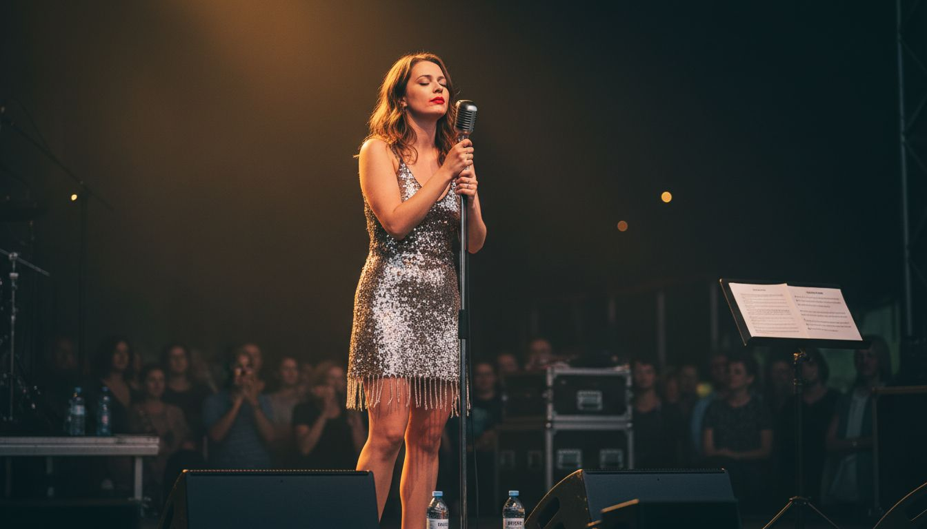 Eine Sängerin begeistert das Publikum mit einer gefühlvollen Performance auf der Veranstaltungsbühne.