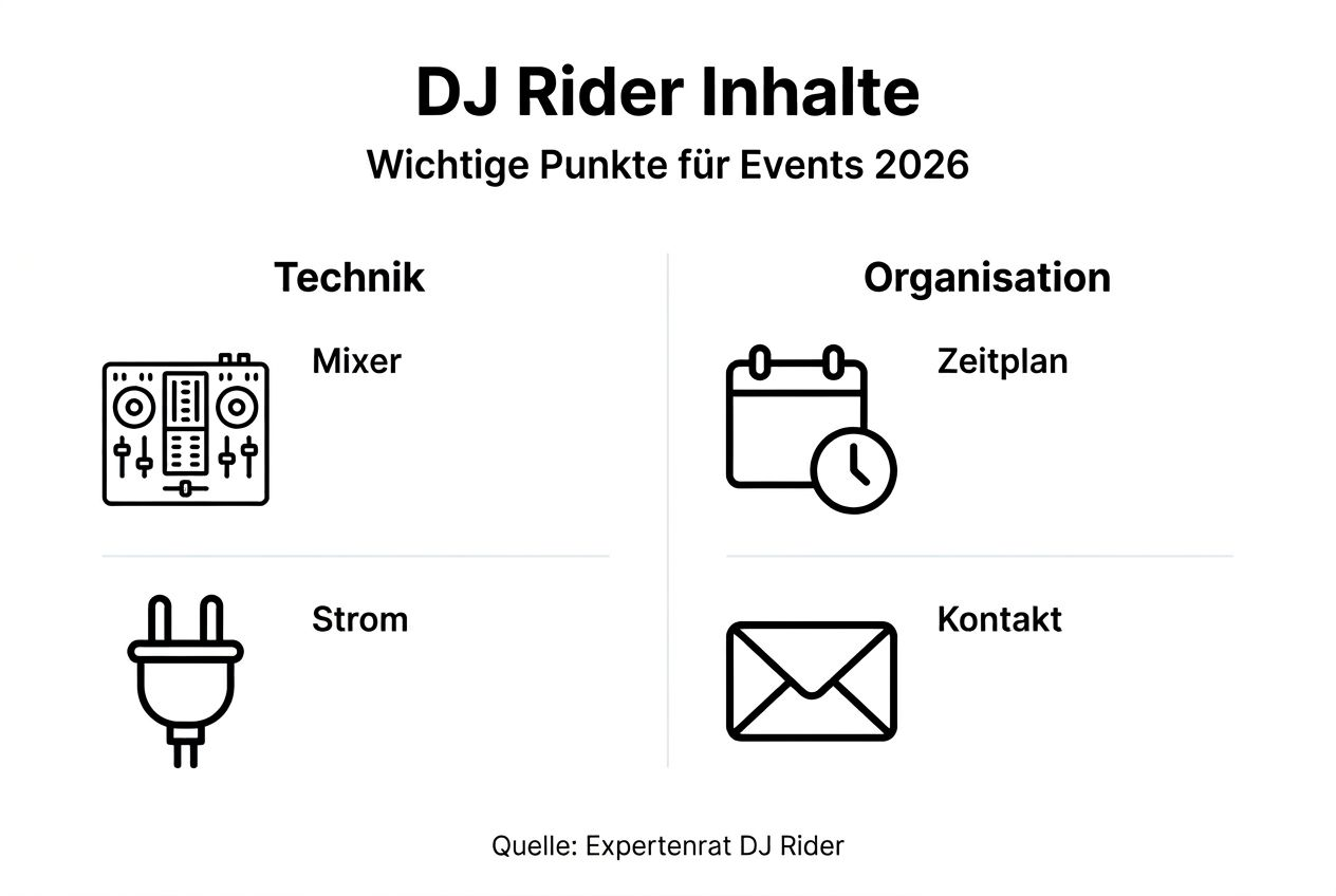 DJ Rider erklärt: Der Schlüssel zum perfekten Event 2026 3 Infografik: Was gehört in einen DJ Rider? Alle wichtigen Anforderungen auf einen Blick