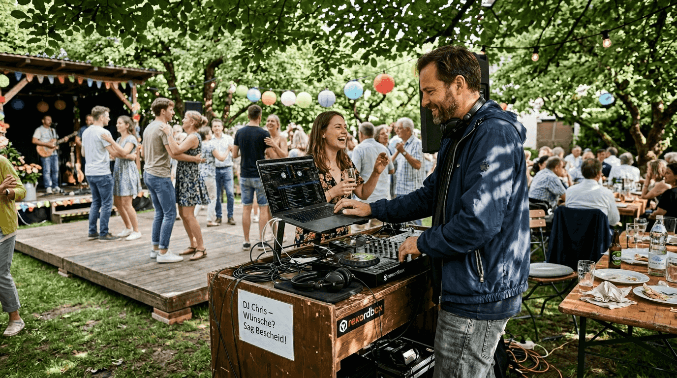 Der DJ passt spontan seine Songauswahl an, um die ausgelassene Stimmung der tanzenden Menge perfekt aufzugreifen.