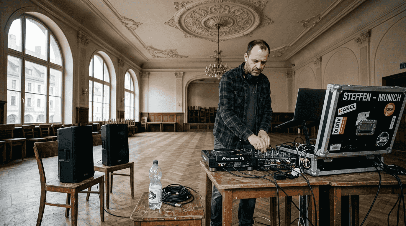 Die Rolle der Kundenberatung beim DJ-Service für Hochzeiten 2026 2 Der DJ macht einen Technik-Check in der historischen Location.