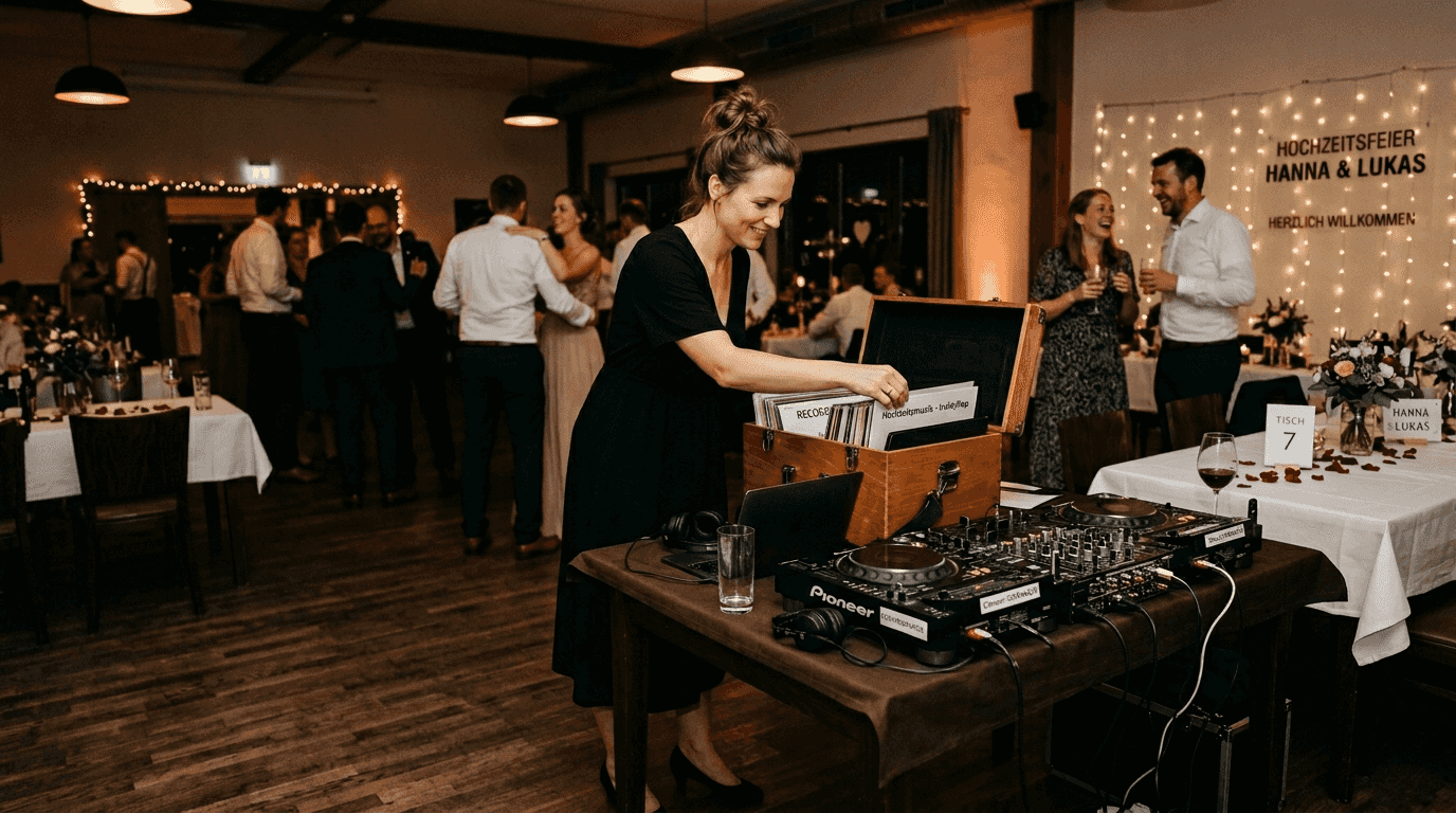 Eine DJane stimmt auf einer Hochzeitsfeier die Musik ab und sorgt für die perfekte Stimmung.