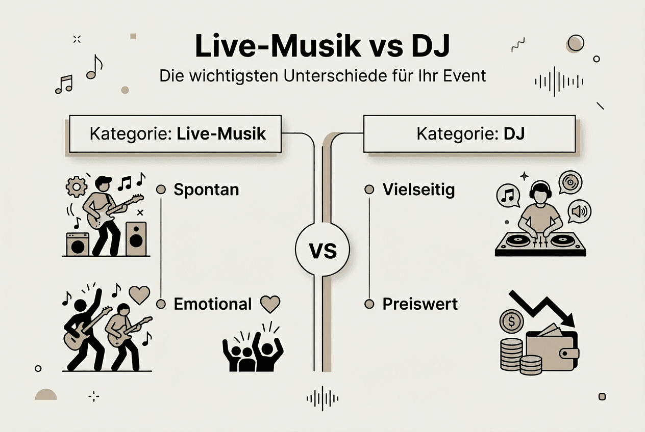 Vorteile von Live-Musik Integration für Events 2026 3 Infografik: Was spricht für Live-Musik und was für einen DJ? Ein Überblick über die jeweiligen Vorteile.
