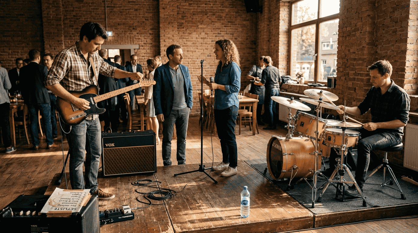 Vorteile von Live-Musik Integration für Events 2026 2 Eine Live-Band trifft letzte Vorbereitungen für ihren improvisierten Auftritt.