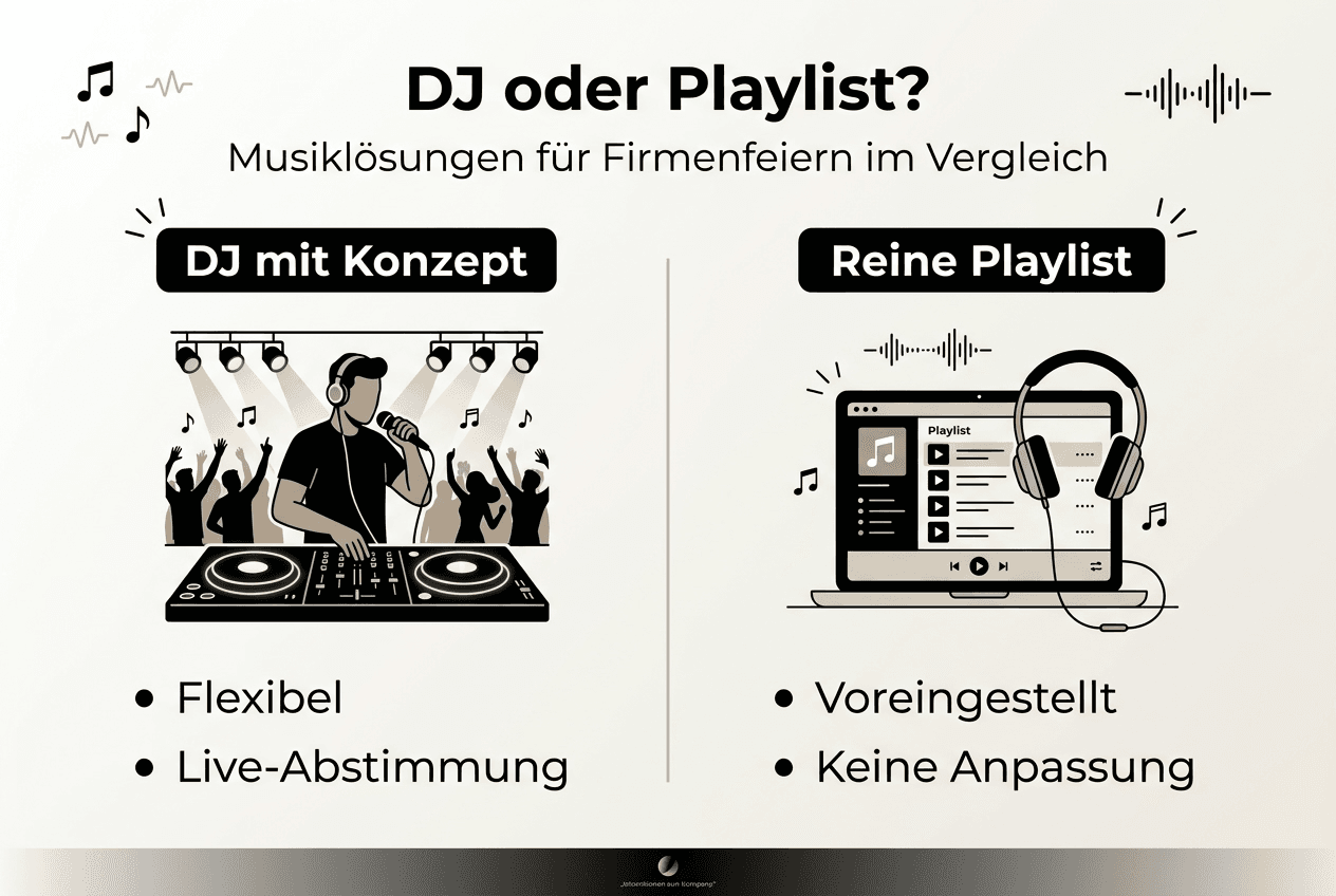Musik für Firmenfeier planen: Mit DJ und Konzept 2026 begeistern 3 Infografik: DJ oder Playlist – Was passt besser zur Firmenfeier?