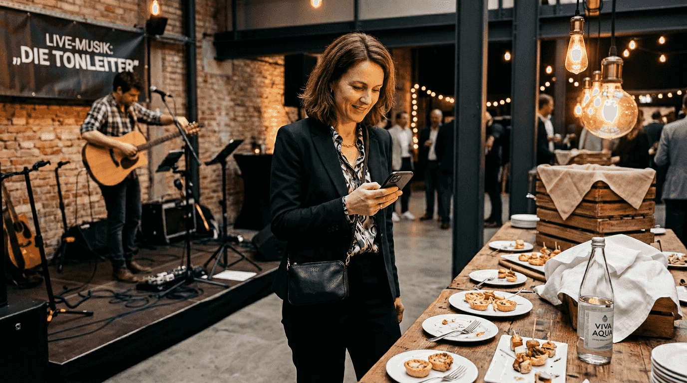 Musik für Firmenfeier planen: Mit DJ und Konzept 2026 begeistern 2 Die Veranstaltungsplanerin wirft einen letzten Blick auf den Ablaufplan des Musikevents.