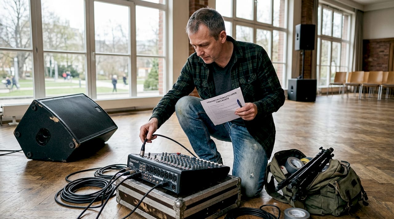 Ein Tontechniker prüft vor Beginn der Veranstaltung die DJ-Anlage im Saal.