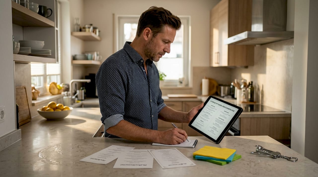 Tipps für private Partys in München: So gelingt die perfekte Feier 2 Ein Mann steht in der Küche und informiert sich über verschiedene Catering-Angebote.