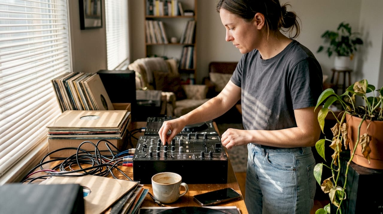 Eine DJane feilt zu Hause an ihrem Sound und stellt am Mischpult die Equalizer ein.