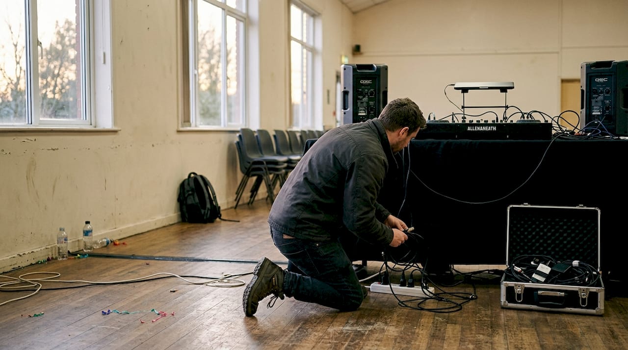 Das Team bereitet die DJ-Technik vor und verlegt die Kabel für den Aufbau.