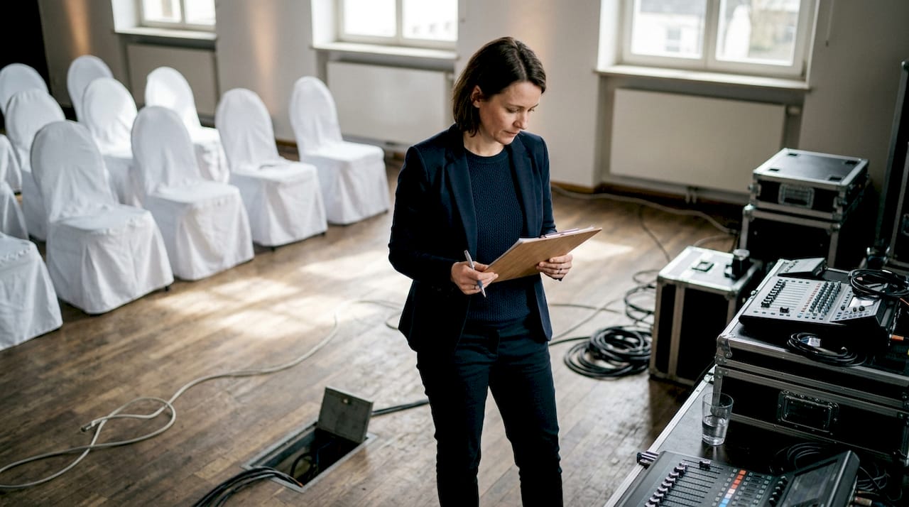 Eventanfrage Definition: So gelingt Ihre DJ-Buchung 2 Eine Frau überprüft die technische Ausstattung in der Eventlocation, damit beim DJ-Auftritt alles reibungslos läuft.