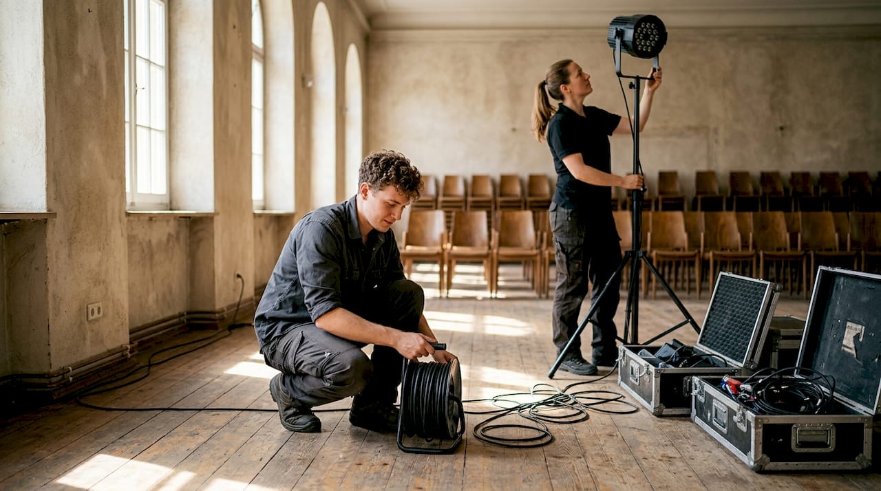 Fachleute kümmern sich um den Aufbau der Veranstaltungstechnik für die Hochzeitsfeier.