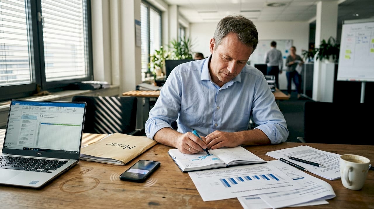 Messe-Event-Checkliste: Unvergessliche Auftritte planen 2 Ein Mann sitzt im Besprechungsraum und plant die Termine für kommende Veranstaltungen.