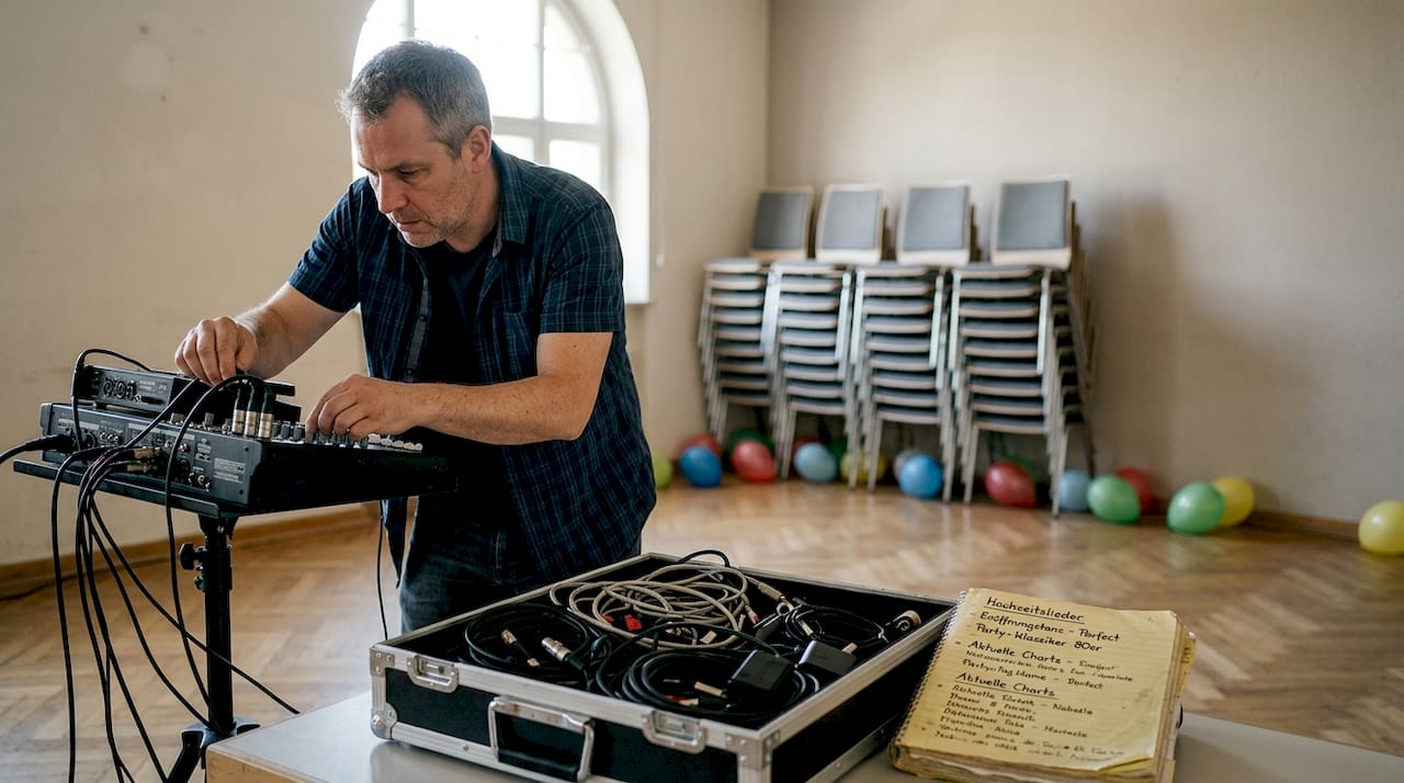 Der DJ baut die Technik für die Hochzeit auf und hat dabei sein Notizbuch immer griffbereit.