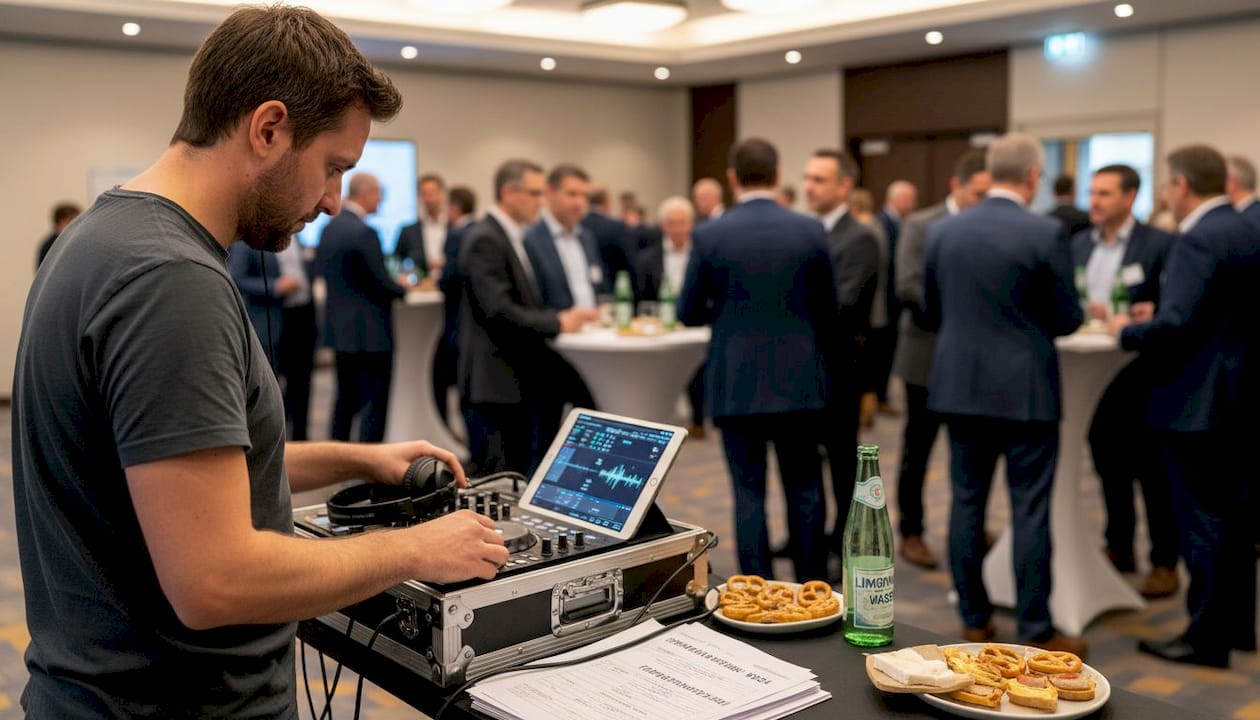 Event-Entertainment einfach erklärt: Wert, Trends, Umsetzung 2 Ein DJ bringt sein Equipment auf einer Firmenveranstaltung auf den neuesten Stand.