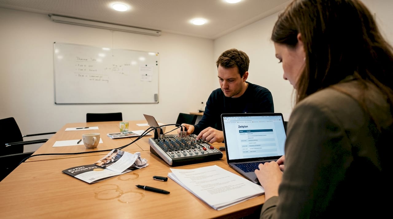 Eventorganisatoren tauschen sich am Tisch über die DJ-Ausrüstung aus.