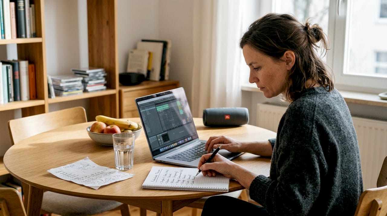 Was eine gute Songauswahl für Ihre Hochzeit ausmacht 2 Eine Braut stellt die Musikauswahl für den Hochzeitsabend zusammen.