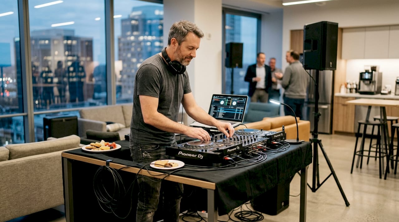 Der DJ stimmt während der Firmenveranstaltung die Musik auf die Stimmung der Gäste ab und passt die Playlist entsprechend an.