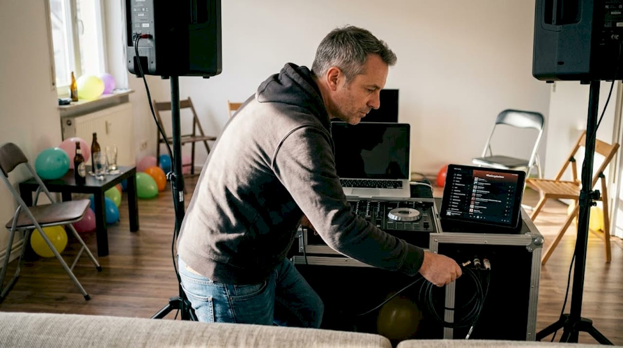 Geburtstagsfeier München: Schritt-für-Schritt Musik-Guide 3 Ein DJ baut seine Anlage für eine Geburtstagsparty in München auf.