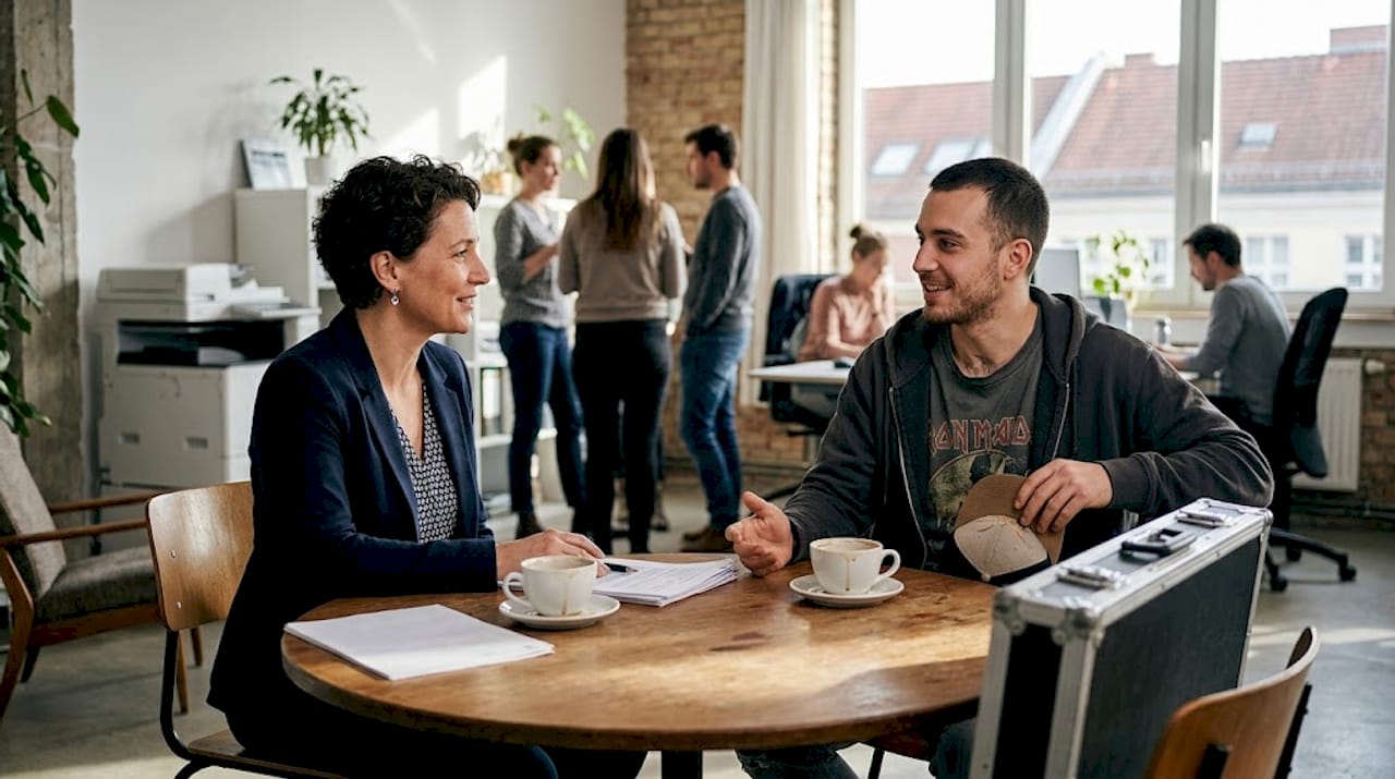 Personalverantwortliche führt Bewerbungsgespräch mit einem DJ, der sich auf eine Stelle im Unternehmen bewirbt.