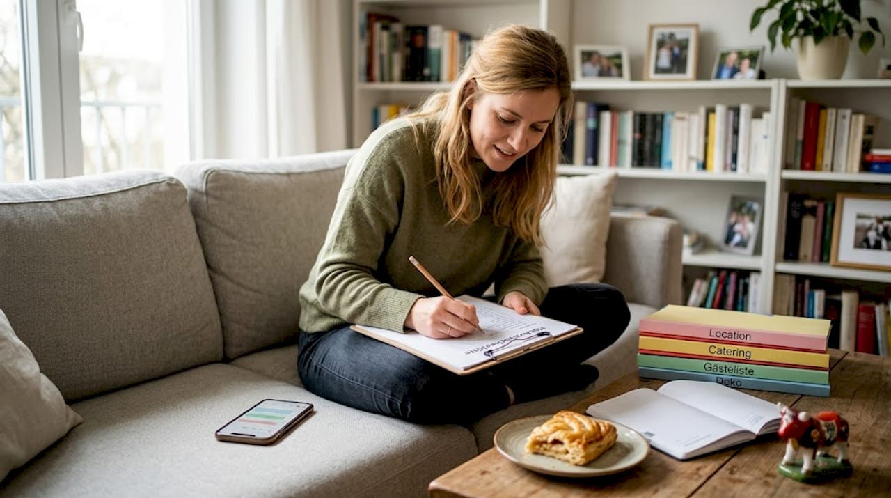 Eine Frau sitzt im Wohnzimmer und geht sorgfältig ihre Hochzeits-Checkliste durch.