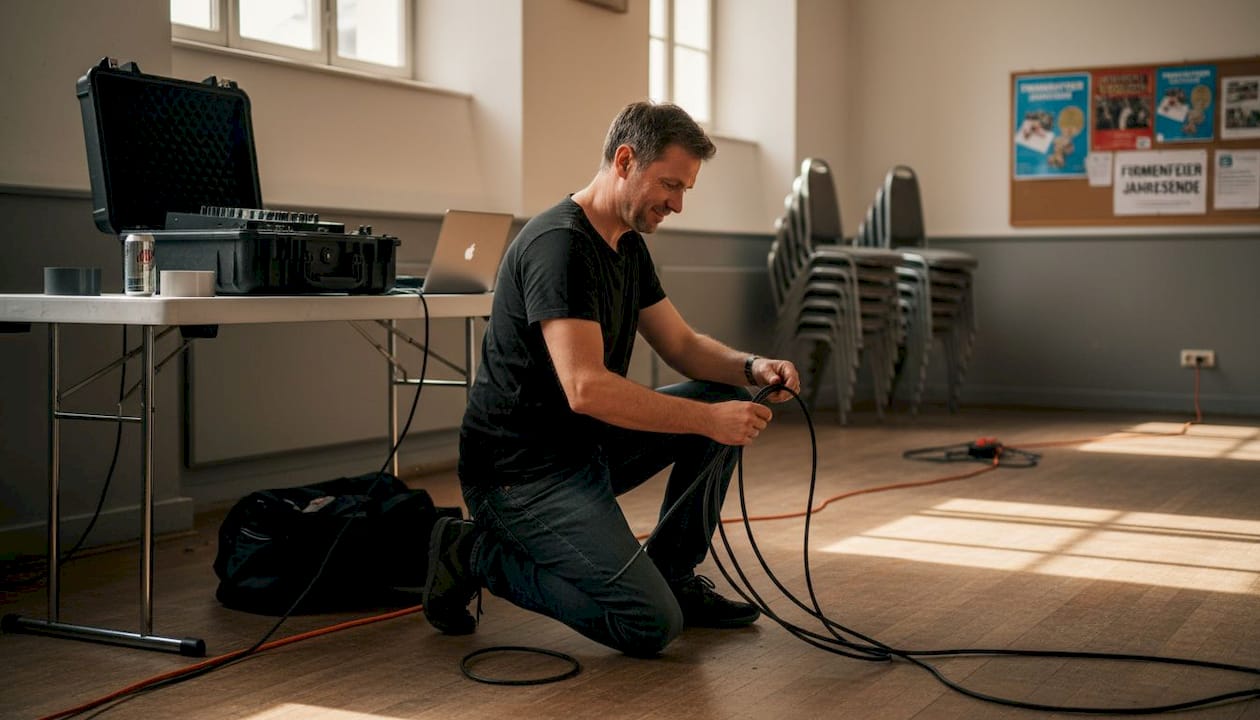 Ein DJ baut gerade sein Equipment für eine Firmenfeier auf und sorgt dafür, dass der Sound perfekt abgestimmt ist.