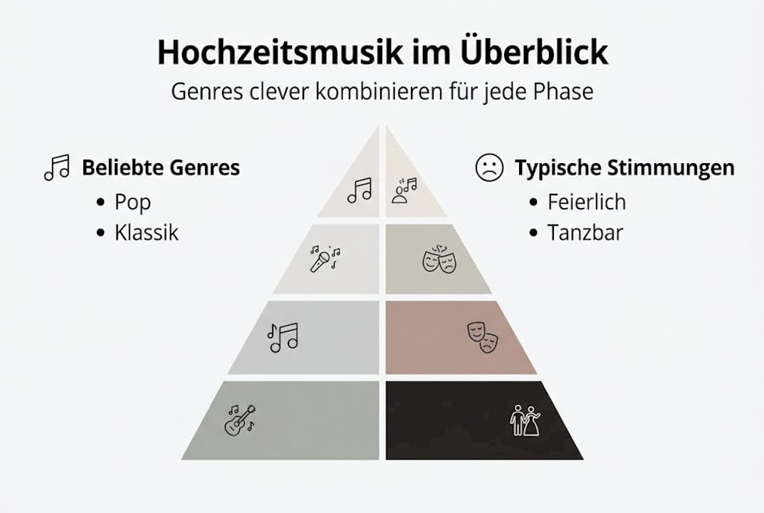 Eine Infografik veranschaulicht, welche Musikrichtungen und Stimmungen auf Hochzeiten besonders gefragt sind.