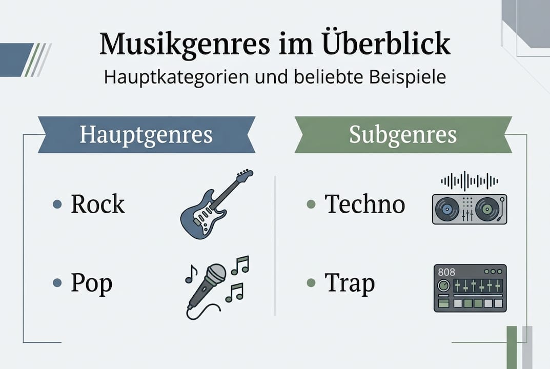 Musikgenres einfach erklärt: Überblick für Events 3 Grafik mit verschiedenen Musikrichtungen und passenden Beispielen
