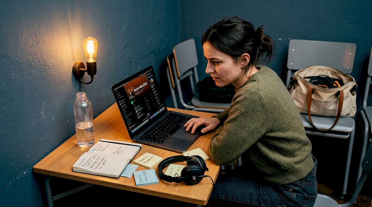 Musikgenres einfach erklärt: Überblick für Events 2 Eine Frau stellt im Veranstaltungsraum eine DJ-Playlist zusammen.